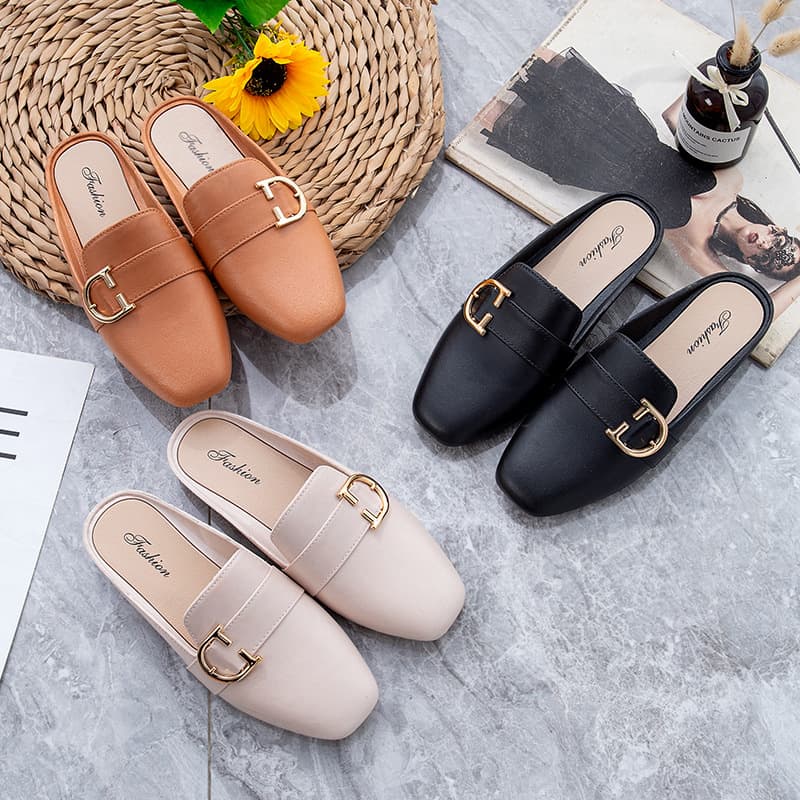 Spring Trendy Half Slip-On Korean Style Flat Heel Casual Versatile Slippers Comfortable Low Heel Fashionable Flat Footwear