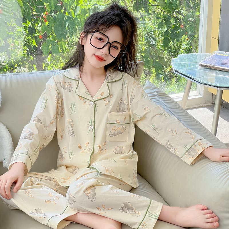 Spring and Autumn Girls' Pajamas Autumn Children's 2025 New Big Children's Pure Cotton Long-Sleeved Fashionable Girls' Home Clothes Set