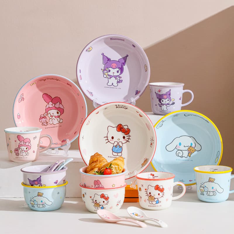 Sanrio Ceramic Bowl Hello Kitty Round Plate Household Kids Tableware Cartoon Bowl Dish Cup Spoon Chopsticks Set