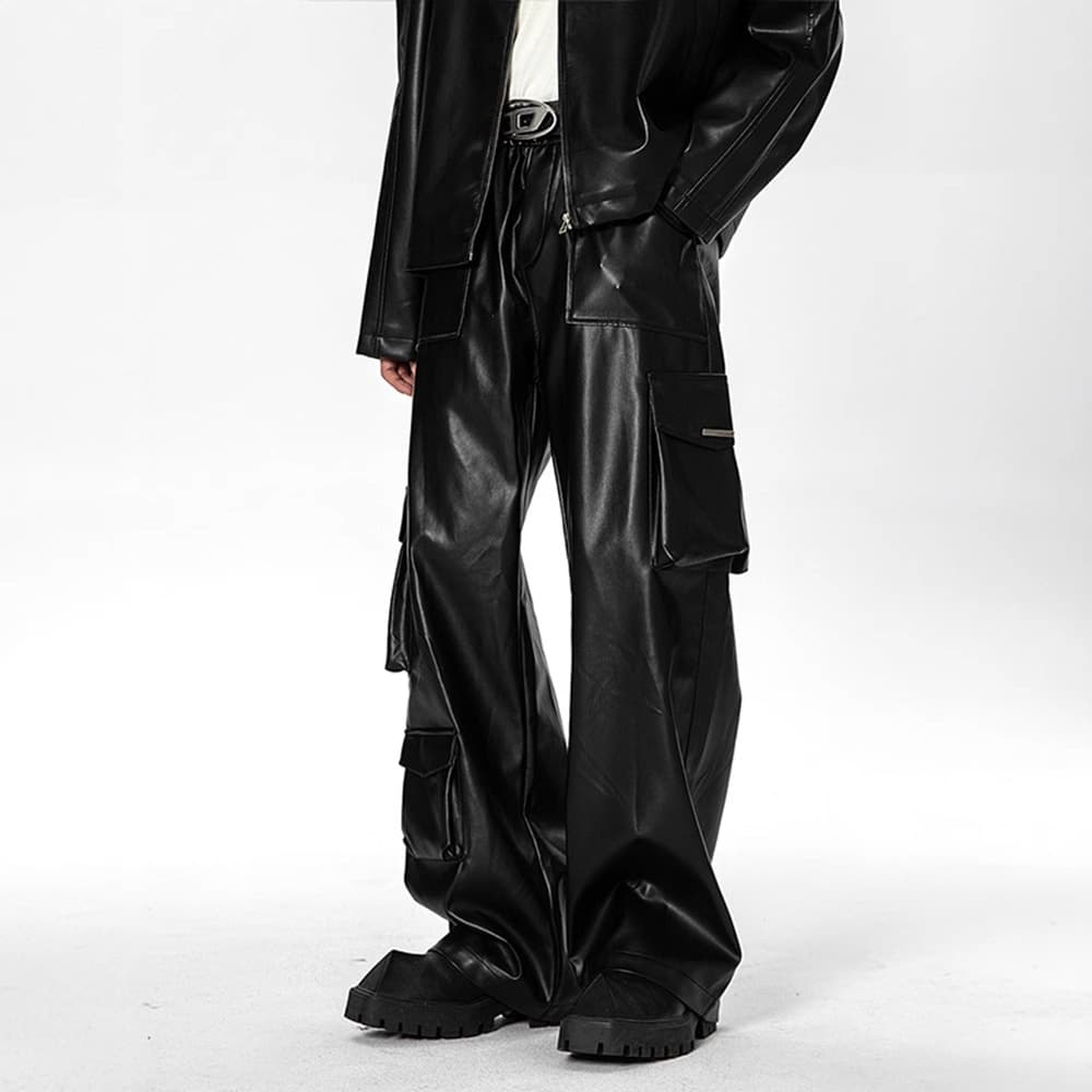 American Hip-Hop Punk Leather Pants Men's Autumn West Coast Street Style Work Pants High Street Trendy Brand Multi-Pocket Long Pants