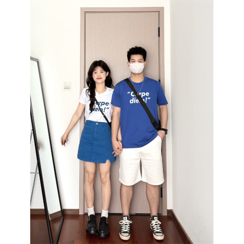 2025 Summer New Campus Style Couple Outfit Casual Round Neck T-Shirt Set with Skirt for Men and Women