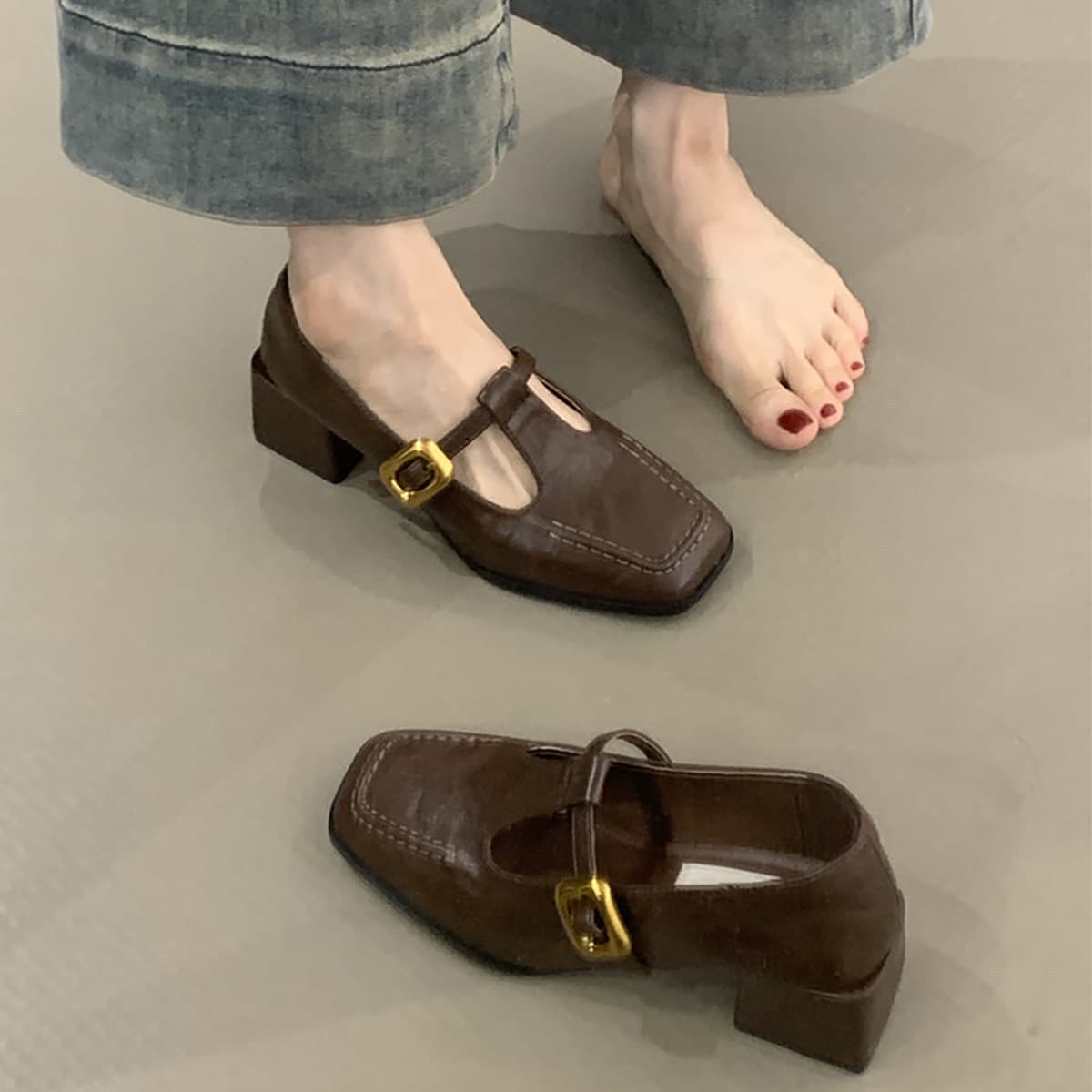 Chuyuji Retro Square Toe Elegant High Heel Mary Jane Shoes Shallow Mouth One-Strap Buckle Chunky Heel Office High Heels for Women