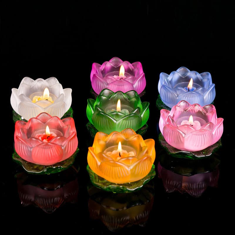Seven-color Glass Butter Base Lotus Leaf Candle Stand Buddhist Blessing Lamp Guanyin Butter Lamp Base Household Candle Holder Offering Lamp