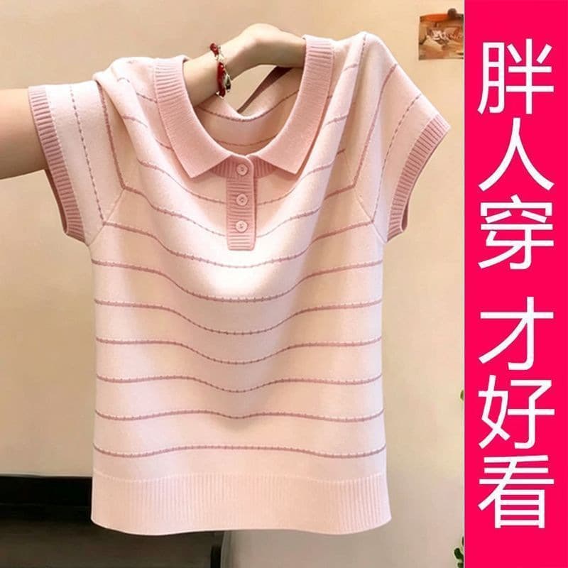 【Plus Size】Pink Striped Polo Collar Knitted Short Sleeve Women's Top 2026 Summer Gentle and Youthful Look