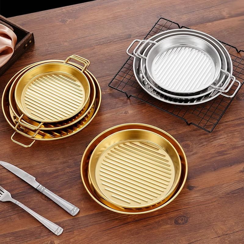 Korean Stainless Steel Round Meat Grill Pan, Dual-Handle Seafood Rice Pot, Steak Plate, Snack and Fried Food Tray, Cake and Dessert Plate