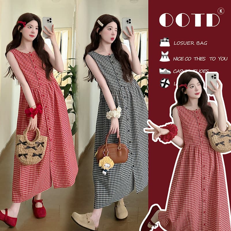 Real Shot of Pregnant Women's Summer Fashion Korean Style Lazy and Simple Outing Plaid Long Vest Dress