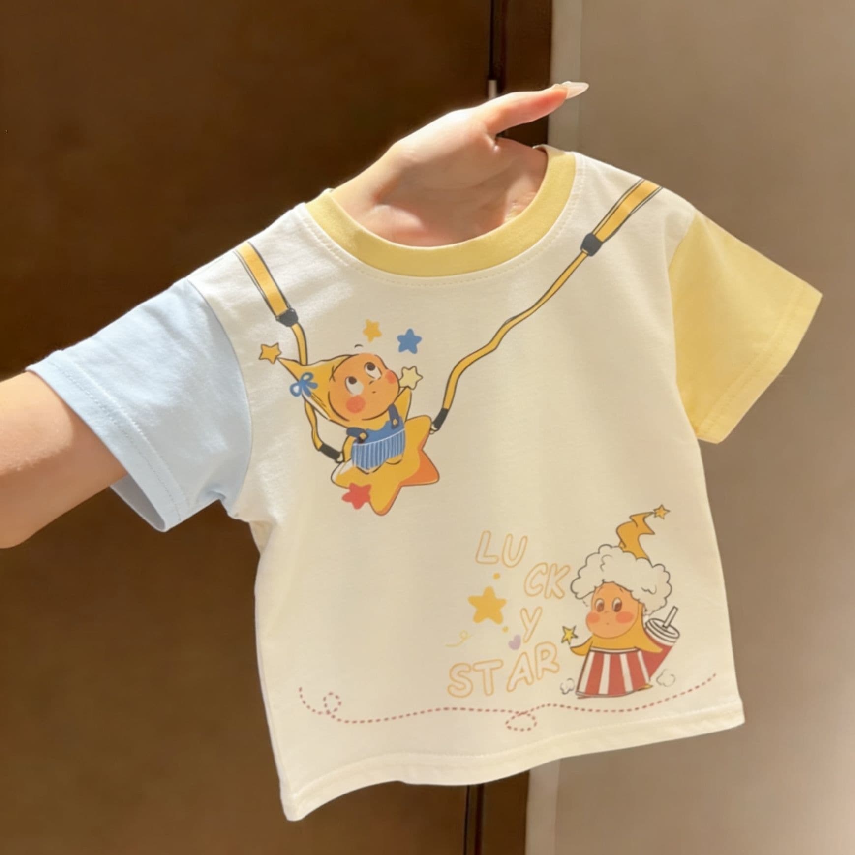 Boys' Cute Lucky Star Raglan Sleeve Top Cotton Summer New Style Baby Stylish Color-Block Short-Sleeve T-Shirt