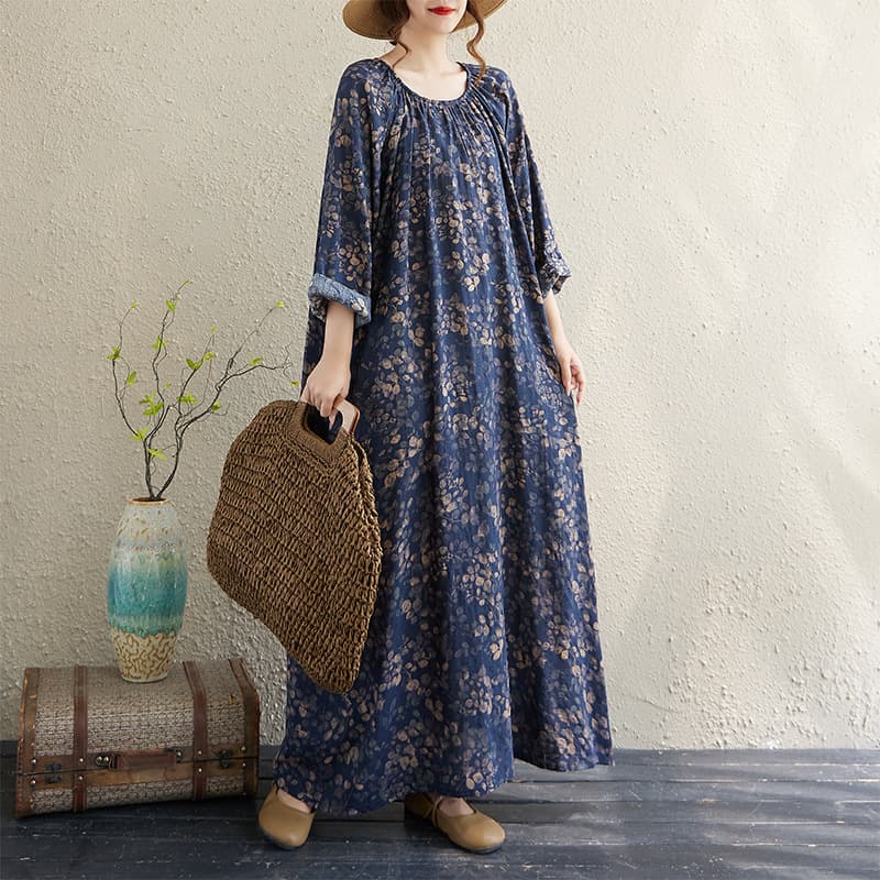 2025 Autumn New Round Neck Smocked Raglan Long Sleeve Maxi Dress Women Vacation Style Loose Long Dress