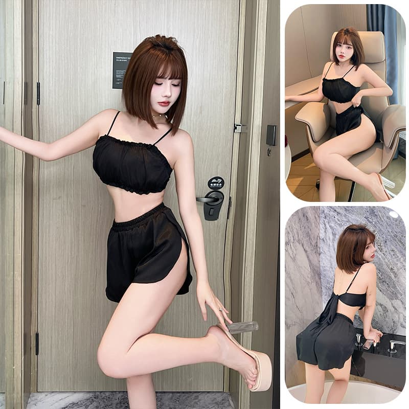 Summer Private Sexy Backless Bowknot Pajama Satin Camisole Shorts Women's Waist-Revealing Loungewear Set 998