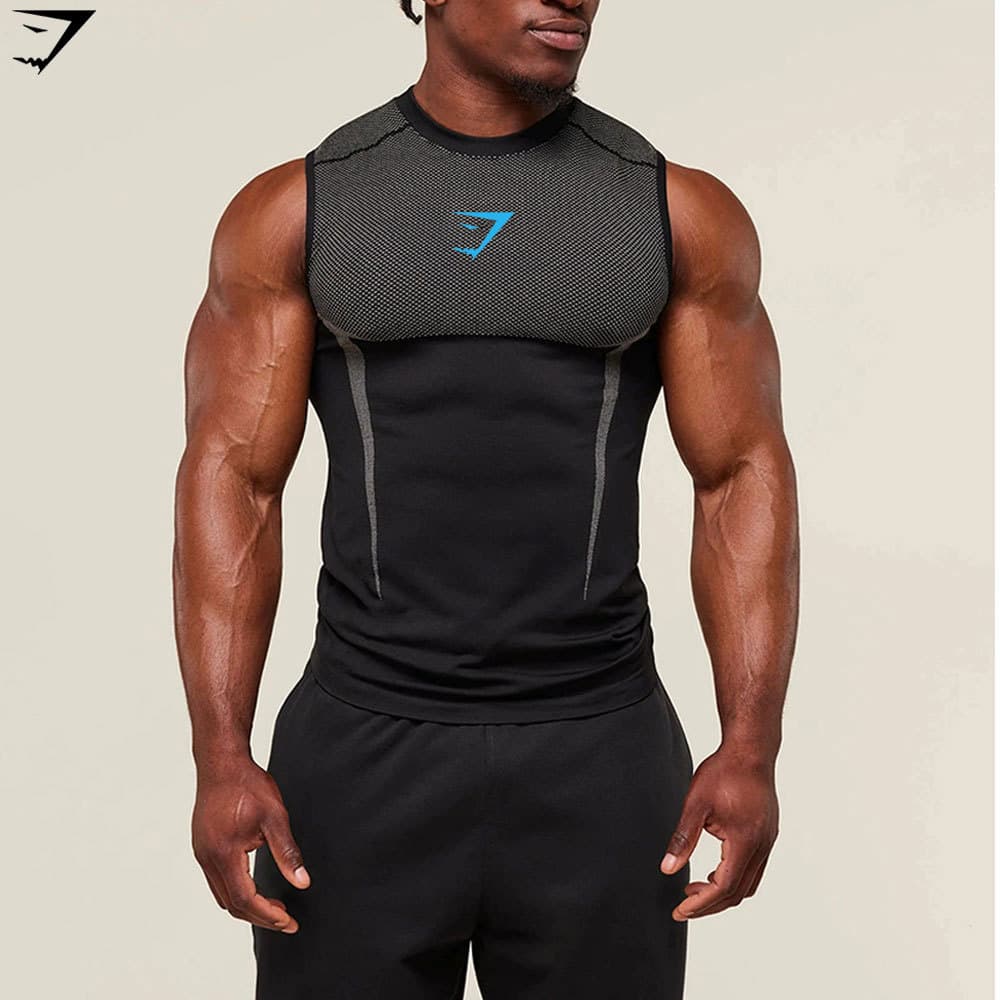 New GYMSHARK Fitness Vest Men's Top Casual Breathable Tight Fit Running Training Short Sleeve Muscle Shark