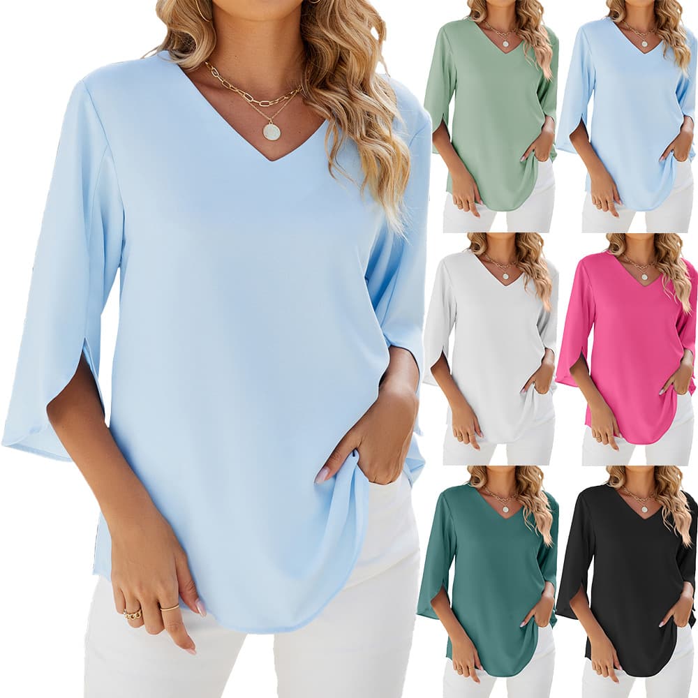 Amazon Europe & America Cross-Border Foreign Trade 2024 Spring/Summer New Solid Color V-Neck Mid-Sleeve Loose Chiffon Blouse for Women