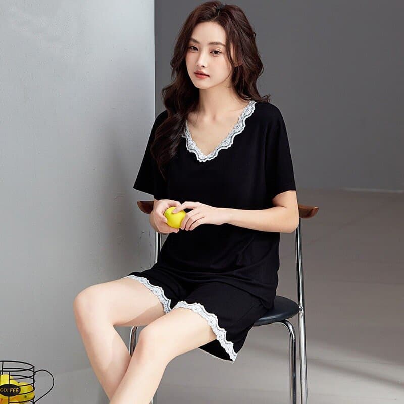 Modal Pajamas for Women with Padded Short-Sleeved Shorts Summer V Neck Lace Loose Pullover Large Size Home Wear Set