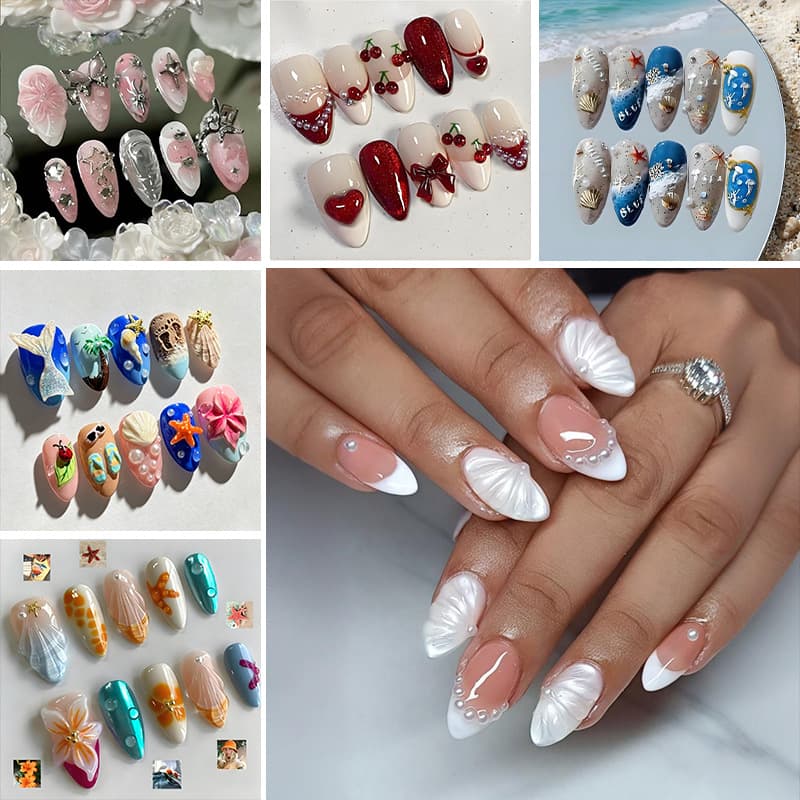 30pcs European and American Style Cross-Border Hand-Painted Shell Starfish Fruit Heart 3D Embossed Strip Press-On Nail Set