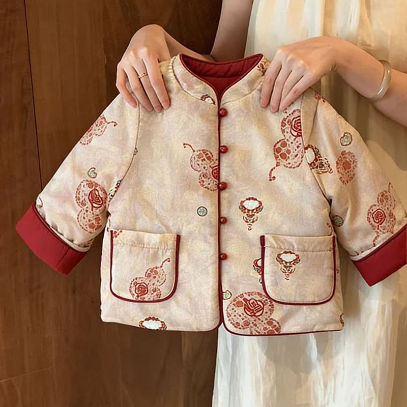 Girls' New Chinese Style Printed Cotton Coat, Thick Autumn/Winter Baby Festive New Year Outfit, Kids' Winter Cotton Jacket