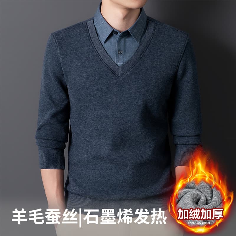 Men's Two-in-One Knitwear Shirt Collar, Fleece-Lined Thickened Winter New Men's Clothing, Contains Graphene Inner Fleece Sweater