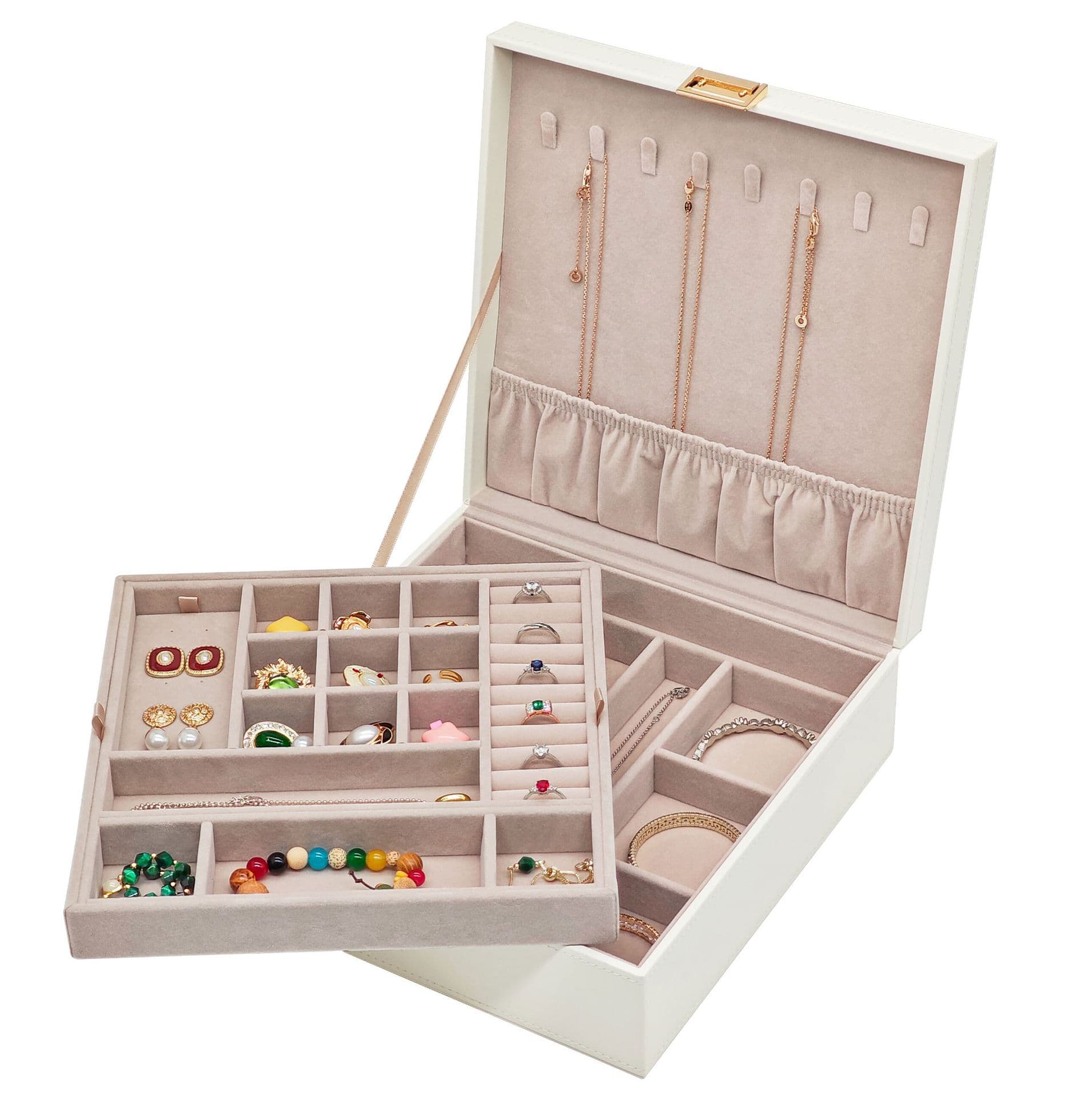 In Stock Wholesale Cream White Leather Jewelry Display Storage Box Ring Earring Necklace Double-Layer Multifunctional Case