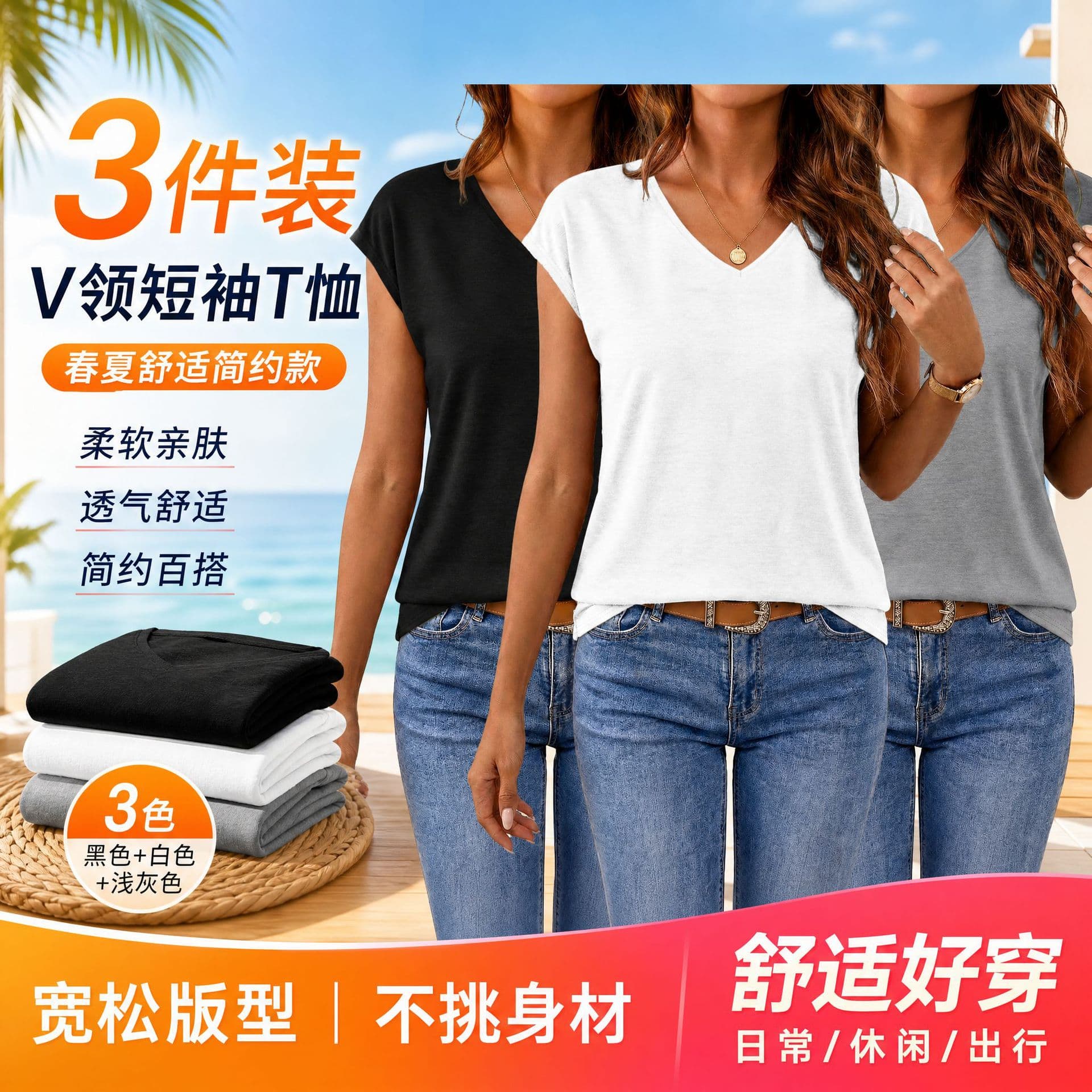 3 Pack Women's Solid V-Neck Short Sleeve T-Shirt, Spring and Summer New Loose Casual Top, Comfortable and Simple