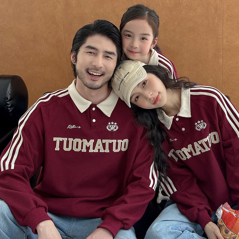 Family Matching College Style Contrast Color Polo Shirt Retro Sports Embroidered Loose Baseball Jacket Korean Version Casual Top