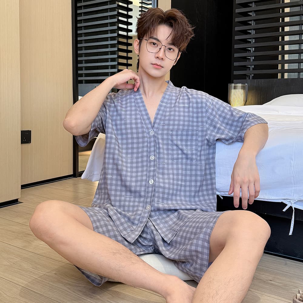 Summer Men's Cotton Silk Pajamas Short-Sleeved Cardigan Loose Casual Rayon Plaid Pajamas Home Clothes Can Be Worn Outside