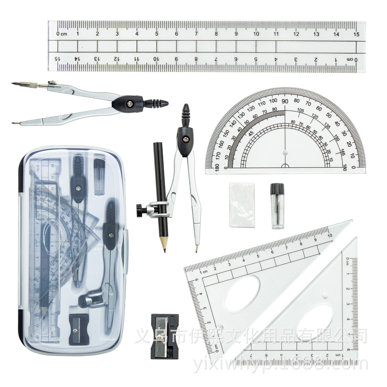 Amazon Cross-border 10-Piece Student Boxed Compass Set Metal Double Compass Ruler Triangle Ruler Set Wholesale