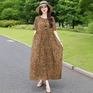 Lazy Style Loose Draping Short Sleeve Dress Women Cover Fat Slim High-end Sense Mother Casual Cotton Silk Long Dress