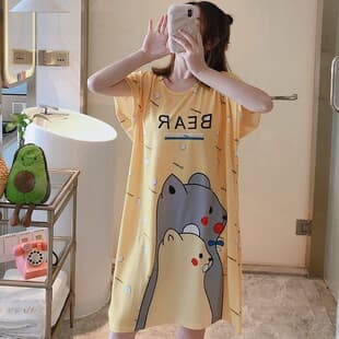 Cross-Border Pajamas Women Summer Plus Size Cute Cartoon Fat MM Milk Silk Nightgown Dress Wholesale