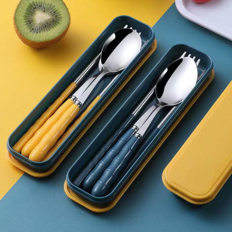 Stainless steel convenient tableware set for office workers and students, outdoor convenient tableware three-piece set, chopsticks, fork and spoon box set