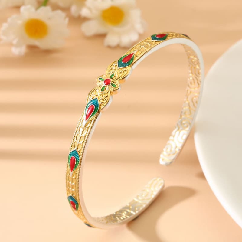 No. 8305 999.9 Pure Silver Gold Traced Enamel Four-Leaf Clover and Phoenix Tail Bracelet, Exquisite Niche National Trend Style Silver Bangle