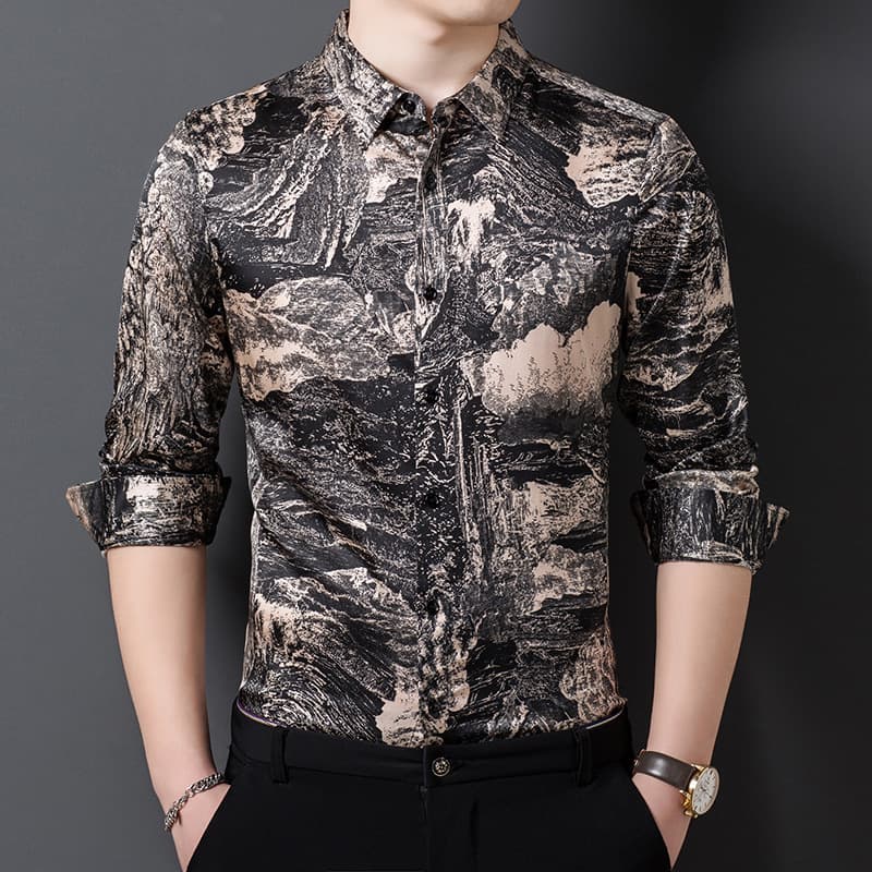 Silk satin long-sleeved floral shirt men's spring and summer trendy men's high-end printed loose thin shirt wholesale