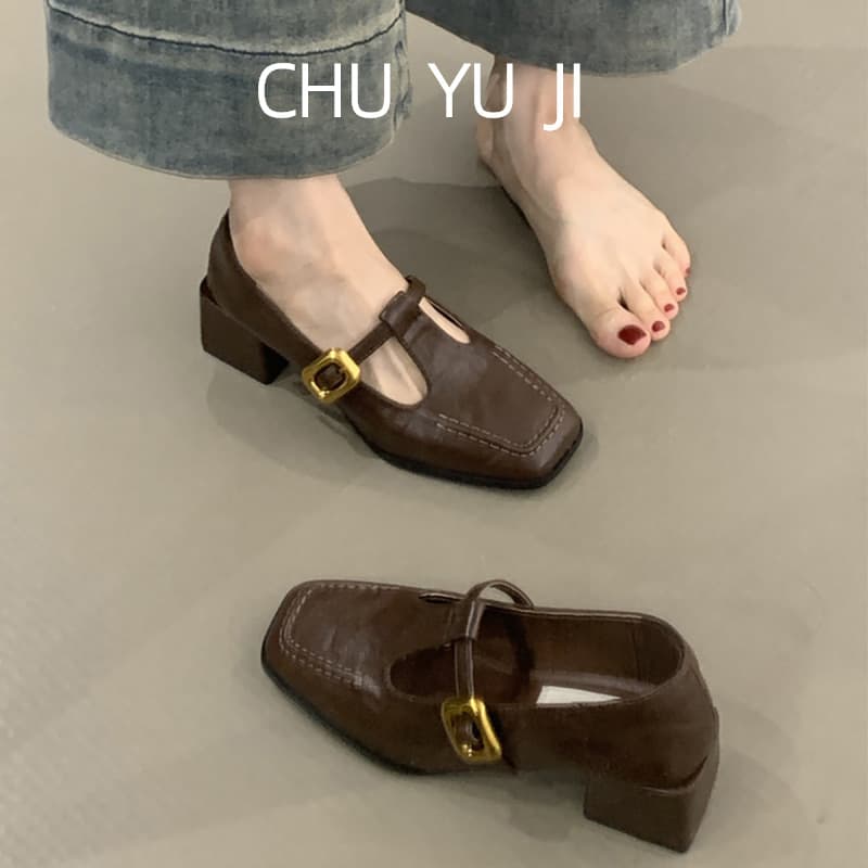 Vintage Square-Toe High-Heeled Mary Jane Shoes with Shallow Cut and Single Strap, Chunky Heel, Suitable for Commuting, Women's High Heels