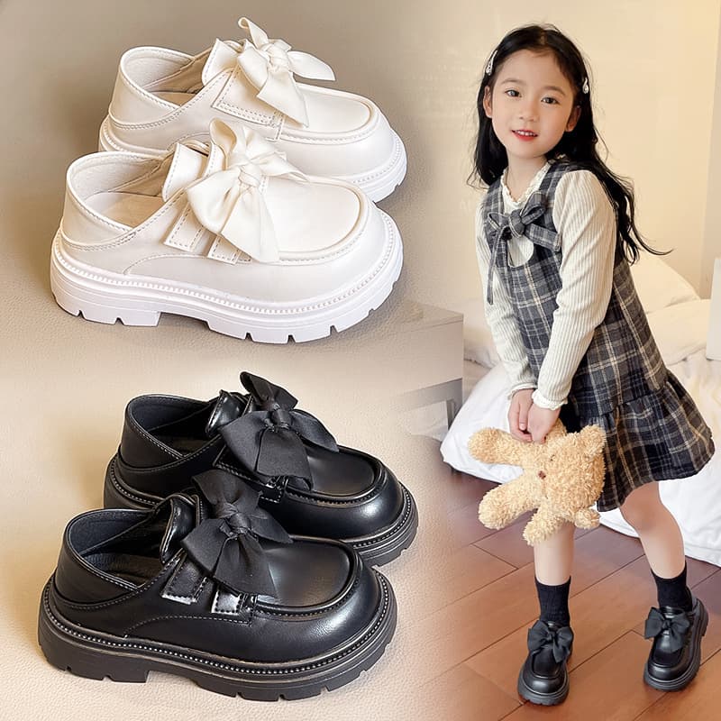 Girls' Black Leather Spring/Autumn Performance Shoes with Bow, Soft-Soled Trendy for Big Kids, Elementary School Students