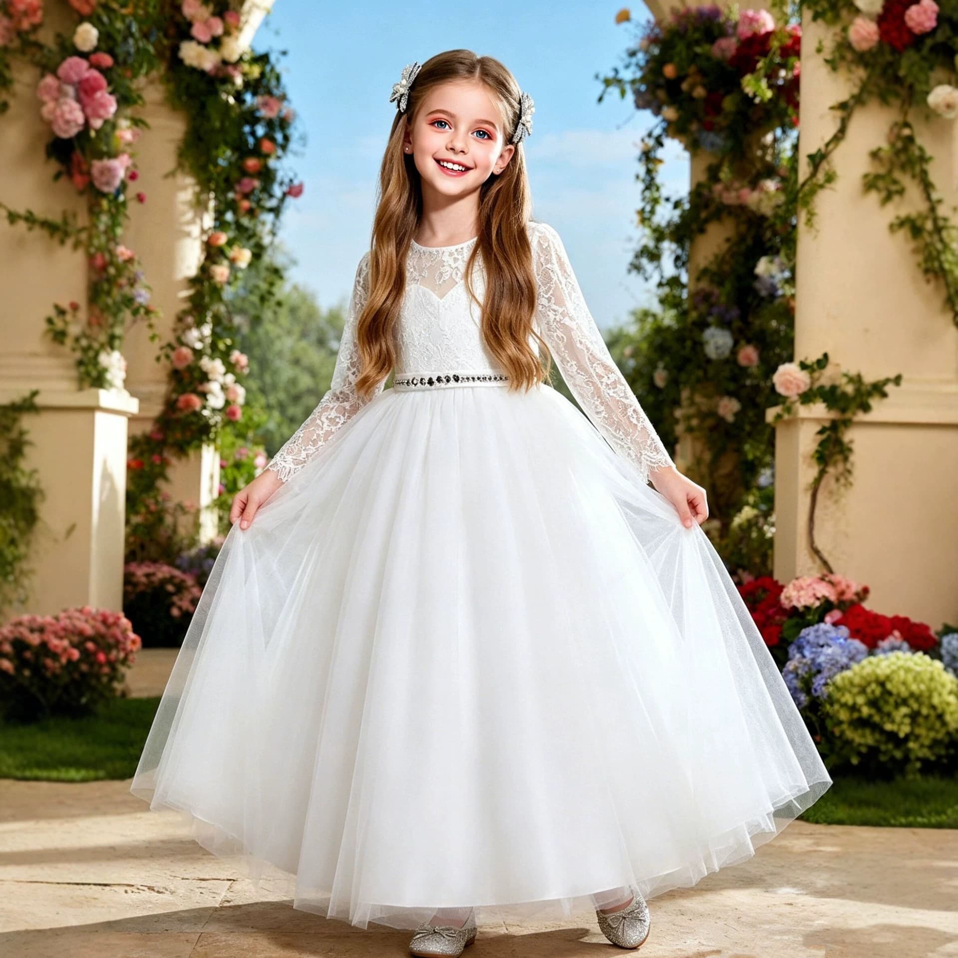 European and American popular princess mesh tutu skirt girls lace dress children's long-sleeved dress with diamonds on the waist