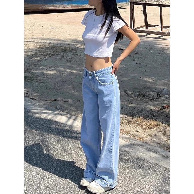 American Vintage Washed Denim Jeans for Women Fall New Arrival Slimming Flowy Light Color Loose High-Waist Wide-Leg Pants Long Trousers
