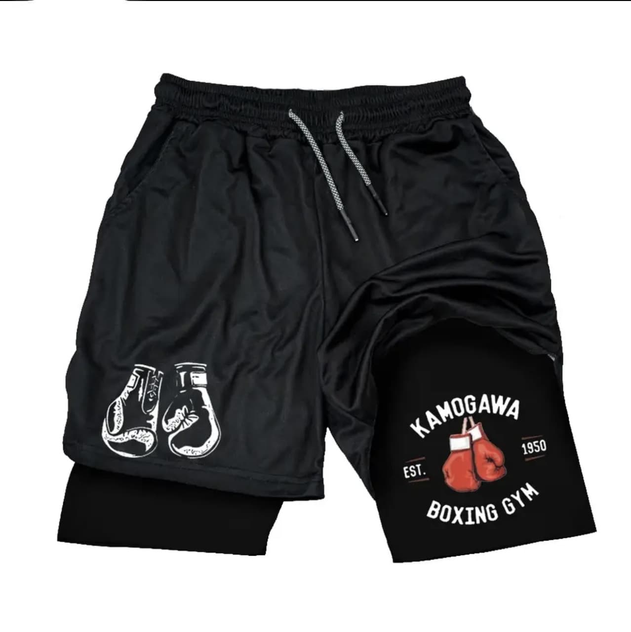 Anime Boxing Men's Two-Piece Illusion Sports Casual Mid-Waist Summer New Arrival Trunks2024 Double-Layer Elastic Waist