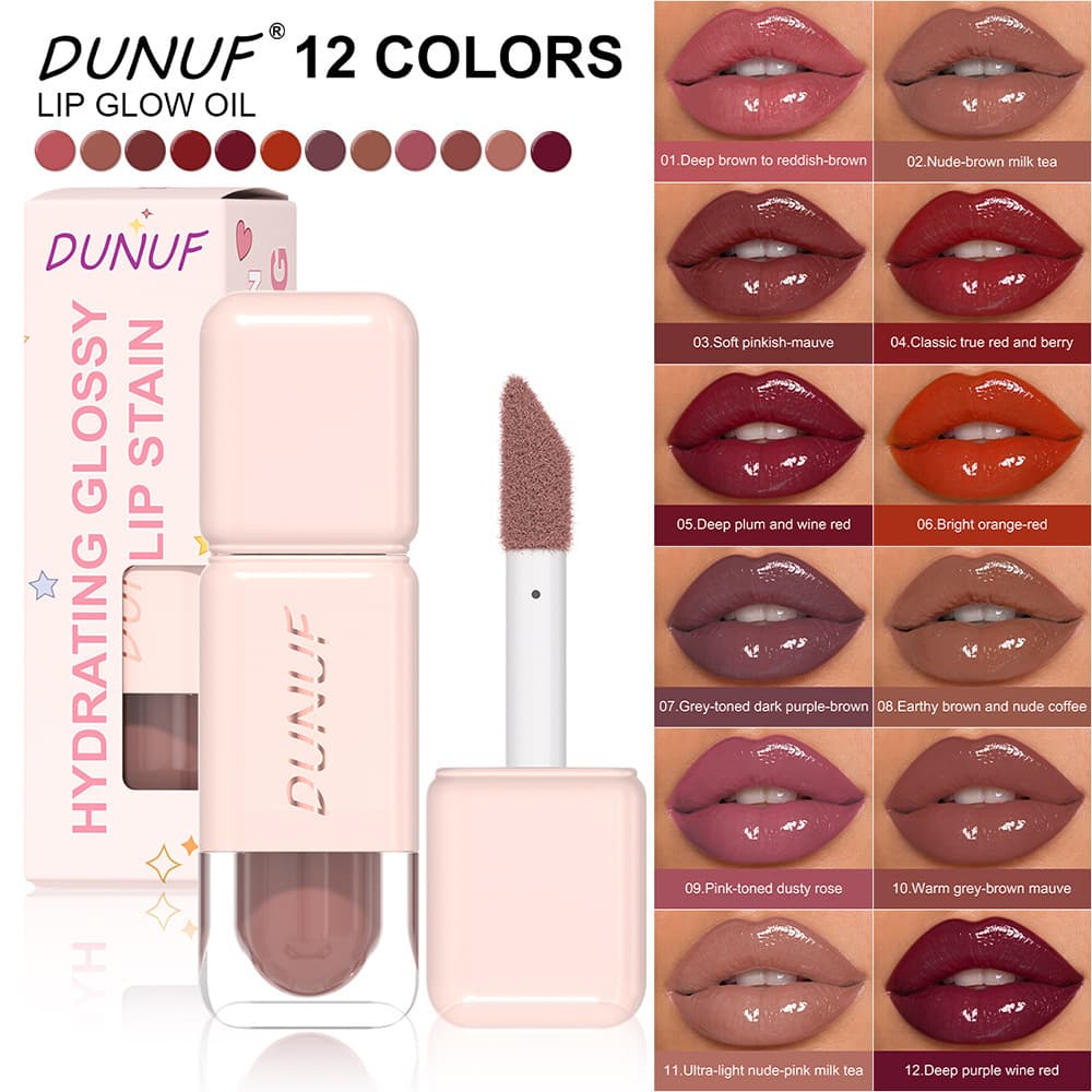 DUNUF 12-Color Large Head Brush Lip Gloss Matte Mirror Lip Gloss Easy to Color Non-Stick Moisturizing Lip Gloss