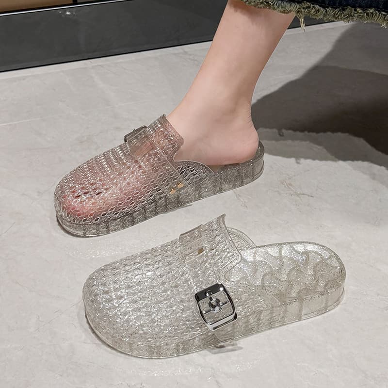 Women's summer transparent crystal simple Birken brand outerwear sparkly flat hollow versatile closed-toe sandals