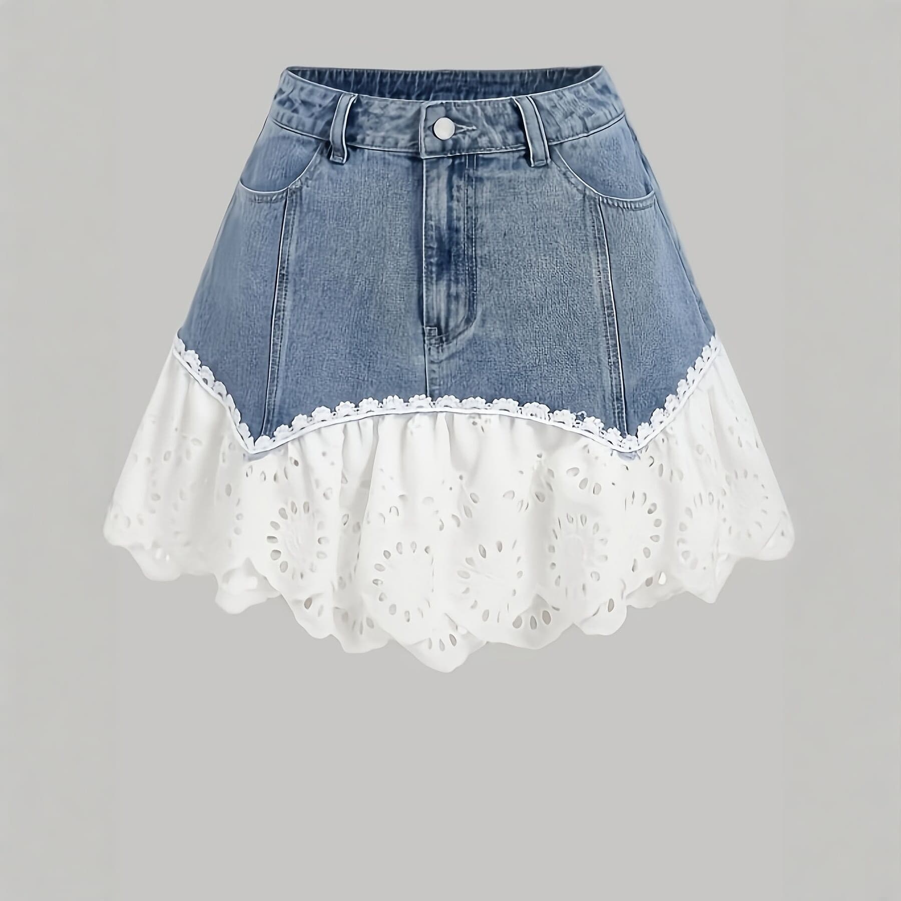 2026 European and American New Style Straight Denim Lace Trim Women's Summer Tight Slim Fit Bodycon Short Skirt