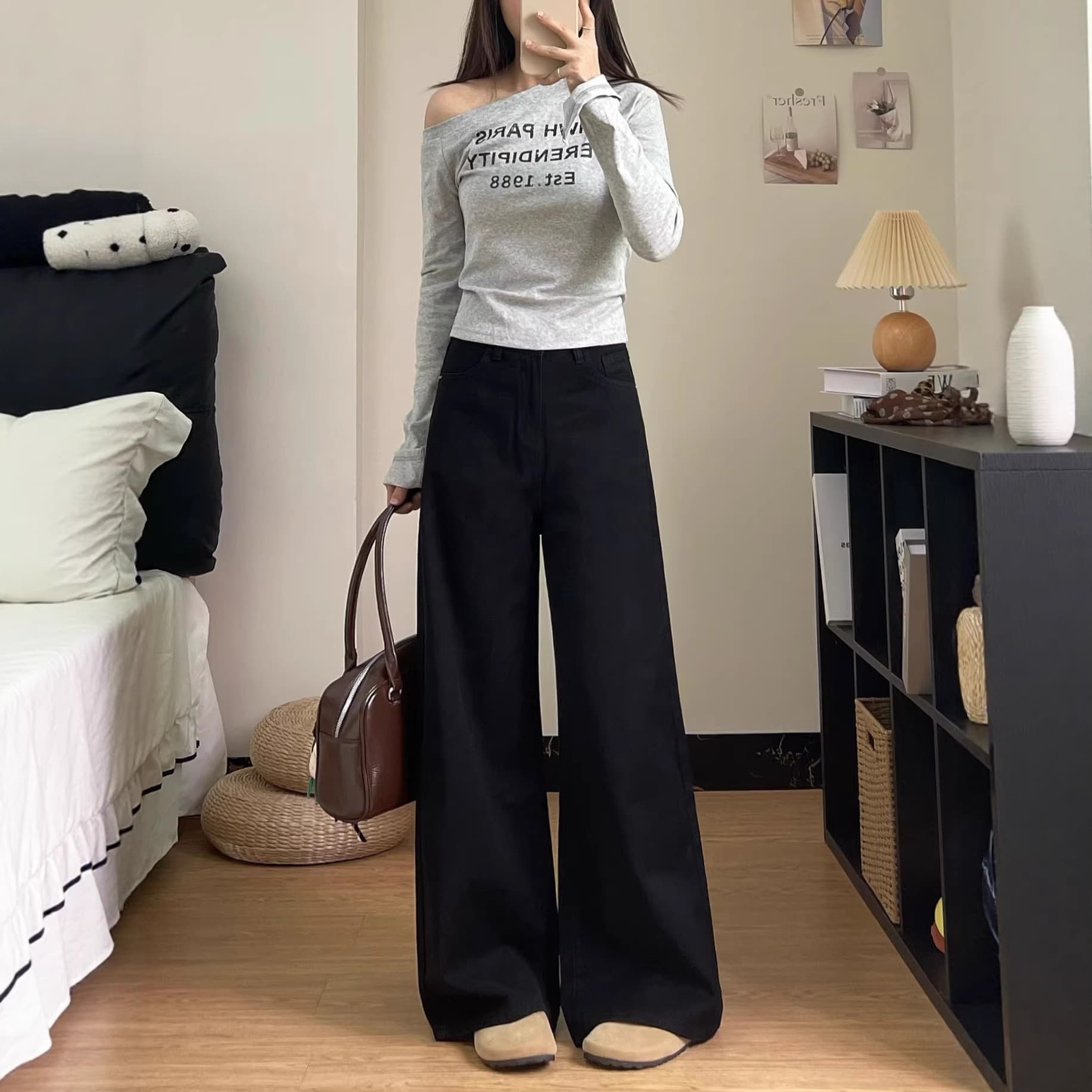 [Hanniu] High-waisted, loose, slimming women's pants, black high-waisted wide-leg pants, floor-length jeans