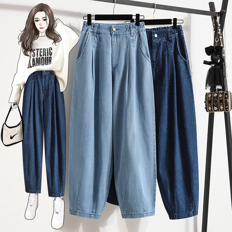 Plus Size 2022 Fall Harem Pants High Waist Washed Cropped Denim Jeans Carrot Pants for Women