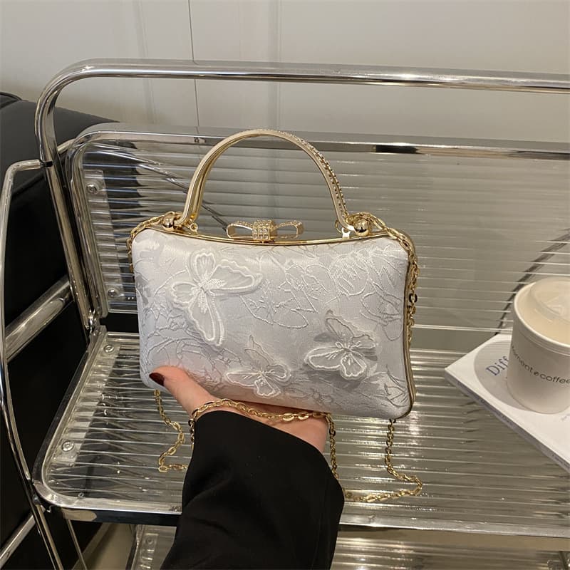 2025 New Women's Bag White Handheld Small Square Bag New Chinese Jacquard Sweet Style Butterfly Bridal Bag Evening Bag