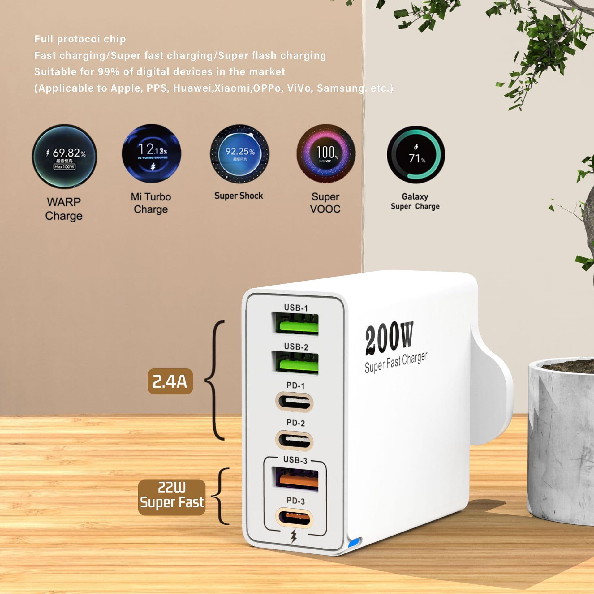 New Cross-Border 200W Multi-Port Charger 3USB+3PD Six-in-One Phone Fast Charger with AU/IN/UK Plug 5V