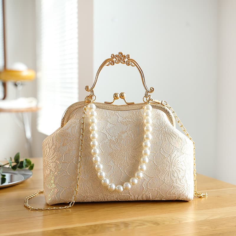 Large Capacity Lace Clip Women's Bag Handbag Shoulder Bag Cheongsam Bag High-end Gift Antique Bag Pearl Handbag