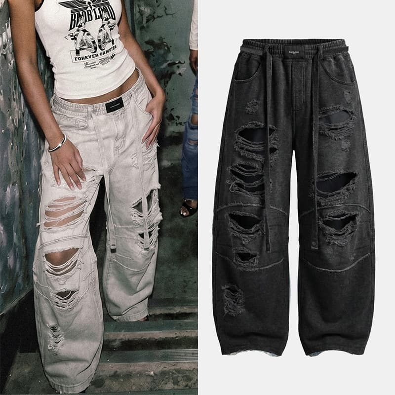 badblood Korean American loose wide-leg pants ripped raw edge denim casual pants men's and women's machete pants floor mopping pants