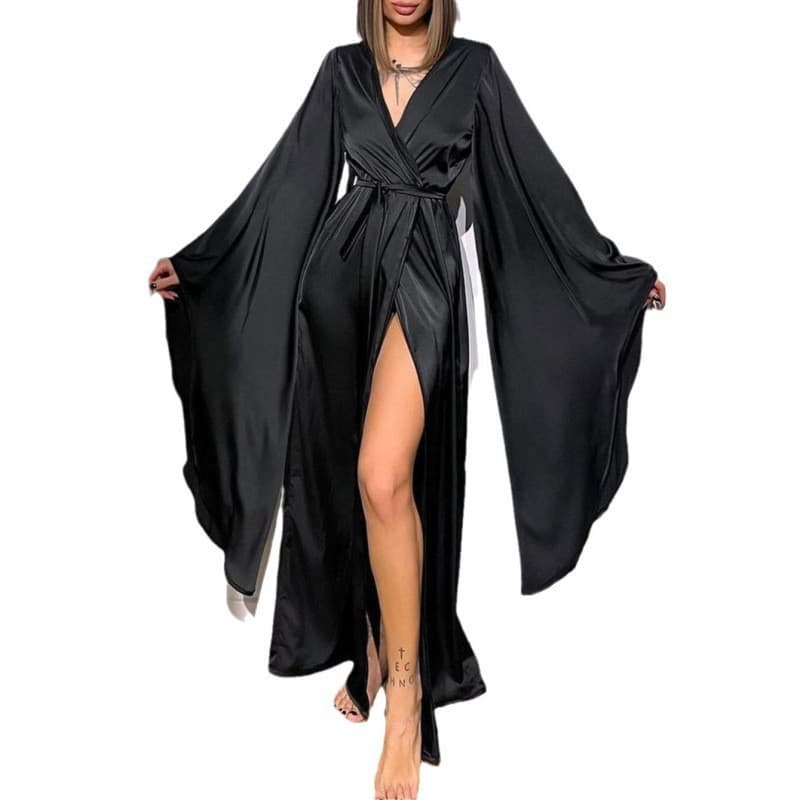 Women's Long Tie-Front Robe with Side Slit, Cozy and Casual Loungewear for Autumn and Winter, European and American Style