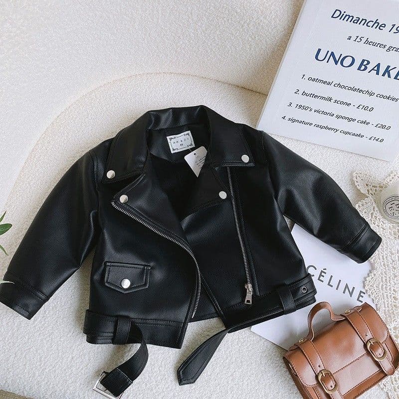 Boys and girls short waist style motorcycle washed leather jacket 2024 winter thickened and velvet baby leather jacket