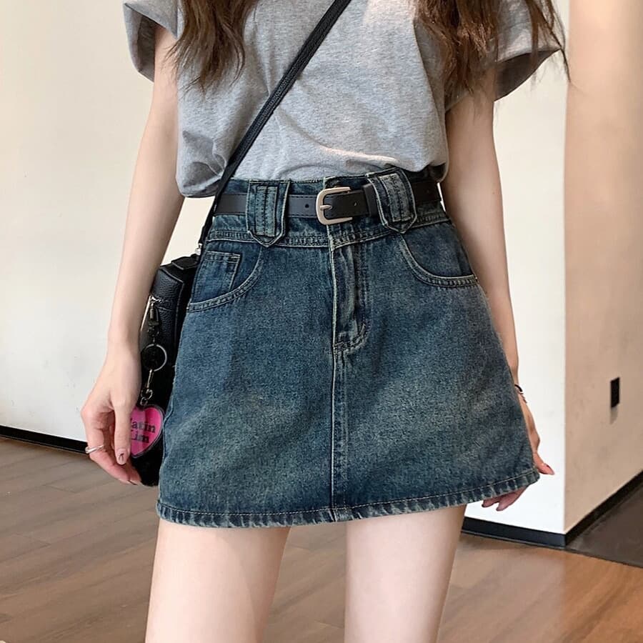 Retro denim skirt for women summer plus size fat mm anti-exposure high-waist slim hip-covering A-line short skirt pants