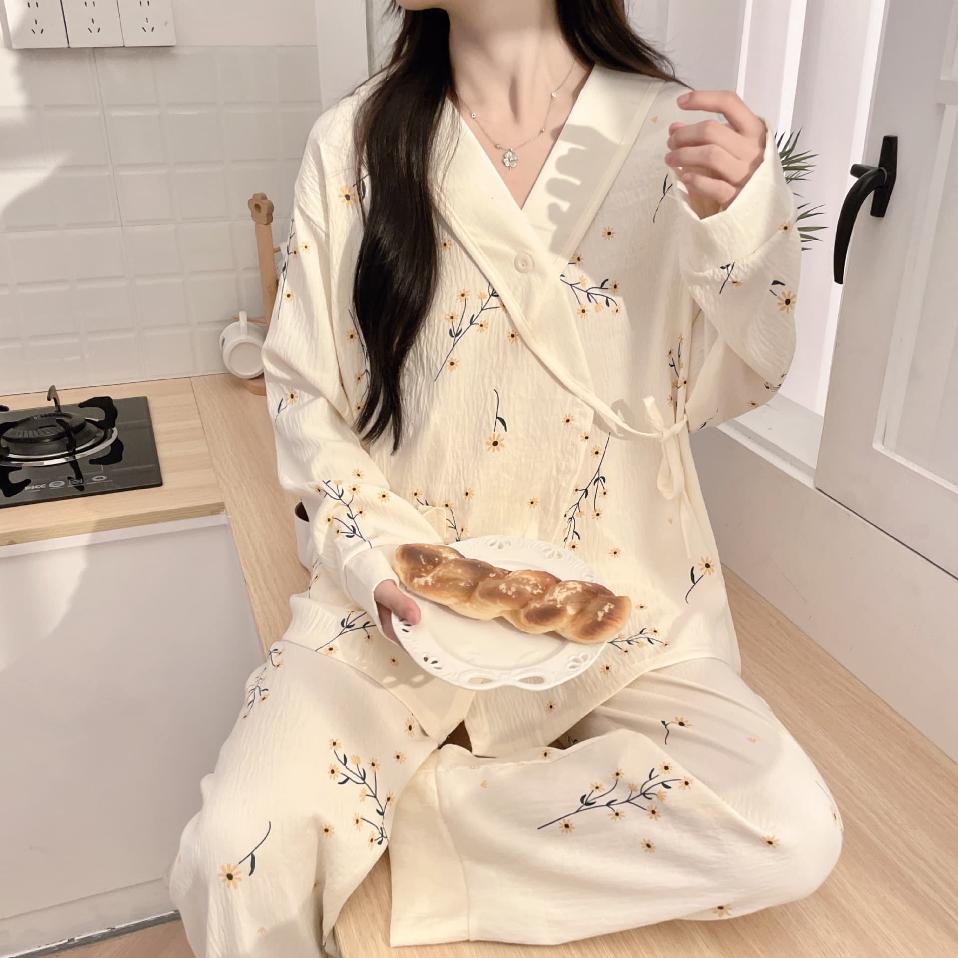 Wholesale New Maternity Sleepwear Sweat-Absorbing Breathable Cotton Kimono Tie Postpartum Spring Autumn Nursing Feeding Pajamas