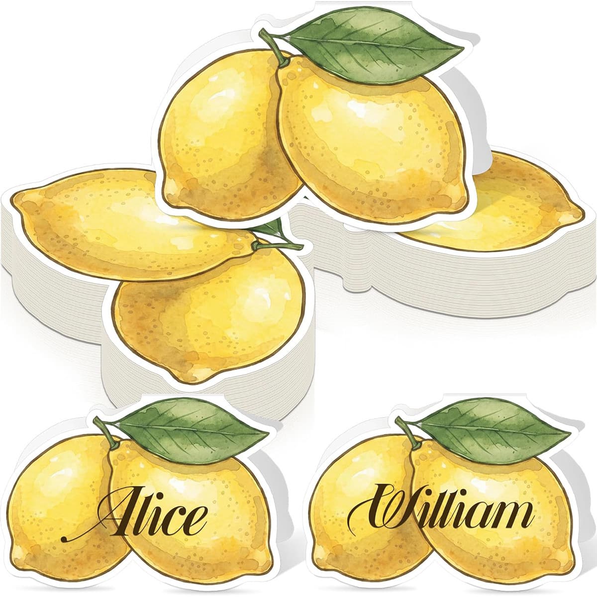 Watercolor Lemon-Shaped Blank Place Cards for Summer Weddings, Banquets, Parties, Table Seating Labels, Handwritten Name Table Cards
