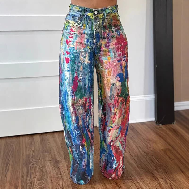EU-US Cross-border 2025 Amazon Fashion Casual Y2K Straight-leg Pants Painted Stretch Denim Trousers