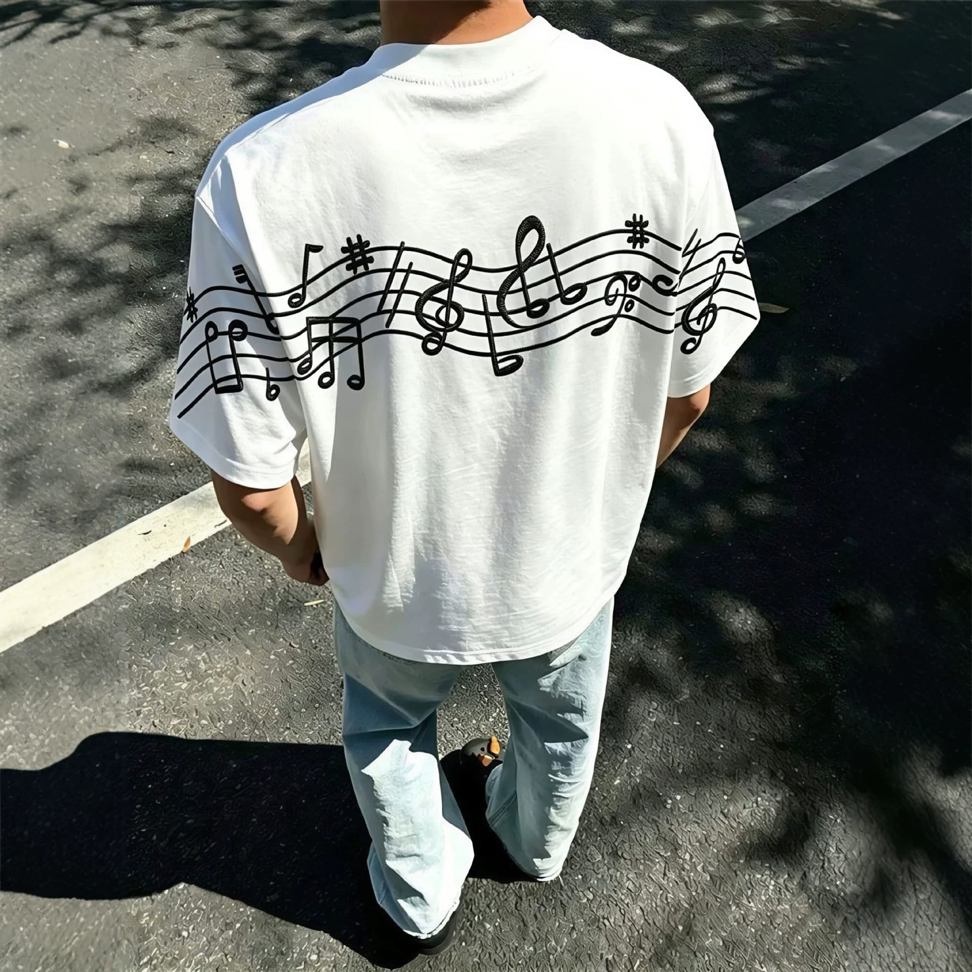 American High-Street Music Note Print Short-Sleeve T-Shirt for Men 2026 New Summer Loose Heavyweight Casual Premium Top